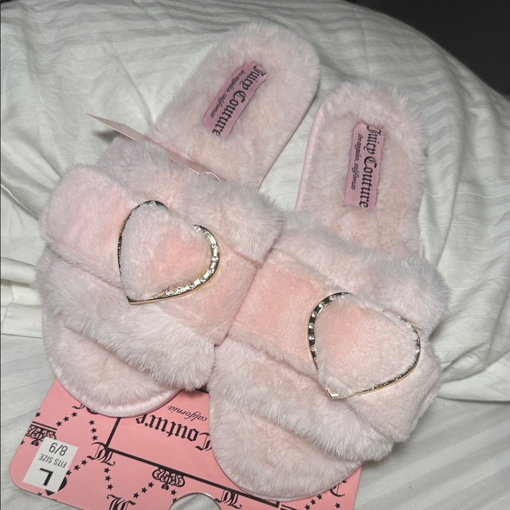 Juicy Couture Blush Furry Slides with Metallic Heart